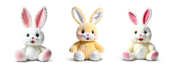 Obraz premium Set of 3 Rabbit Bunny stuffed animal toys isolated transparent png background. Generative Ai