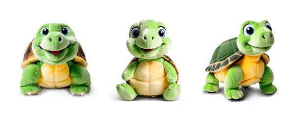 Set of 3 Tortoise stuffed animal toys isolated transparent png background. Generative Ai