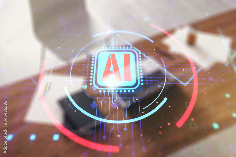Poster Double exposure of creative artificial Intelligence abbreviation and modern desk with computer on background. Future technology and AI concept
