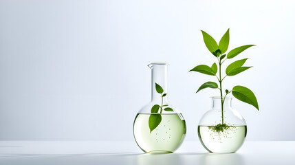 Plants in chemical flasks, plant laboratory, plant growth, green tender leaves, plant roots, close-up of plants