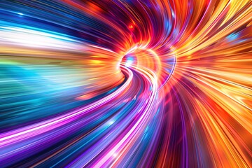 Obraz premium Vibrant Abstract Background with Swirling Light Trails Creating an Infinite Tunnel Effect, Depicting Dynamic Speed and Data Transfer in Cyberspace with Bright Vivid Colors.