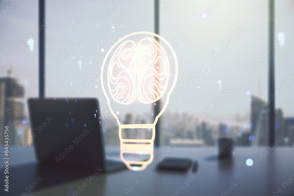 Poster double exposure of creative light bulb hologram with human brain and modern desktop with laptop on b