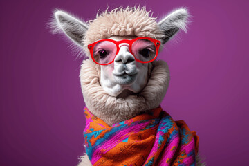 Fototapeta premium Alpaca Fashion Extravaganza: Glamorous Pet in Colorful Couture on Purple Background