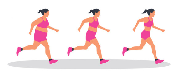 Illustration of a fat woman jogging to a slim shape.Three types of female body types. Healthy lifestyle. Lose weight. Sports, running, training, jogging, marathon,  cardio training, physical exercise.