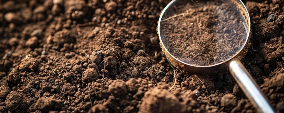 Magnifying glass over soil background. Soil structure and texture concept.