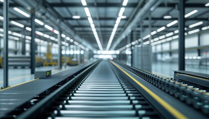 Fototapeta premium Modern empty factory or warehouse with conveyor belt system.