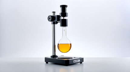 Instruments, vessels, beakers, microscopes, long necked bottles containing colored liquids, and test tubes in chemical laboratories