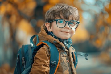Excited child with backpack goes to elementary school.