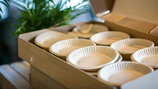 A box of biodegradable paper plates made from 100% recycled materials.