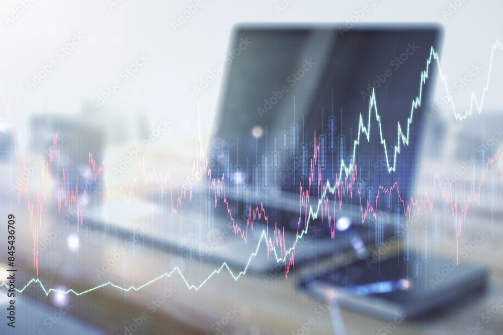 Aufkleber Multi exposure of abstract creative financial graph and modern desktop with computer on background, forex and investment concept