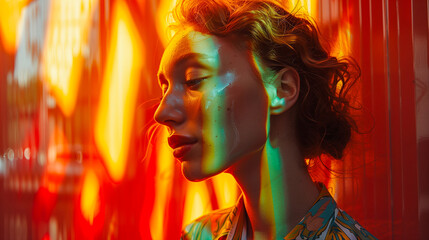 A woman with short curly hair stands in front of a wall of bright neon lights, casting colorful stripes across her face