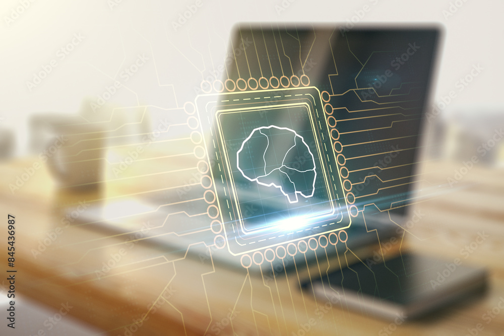 Poster double exposure of creative human brain microcircuit and modern desk with computer on background. fu
