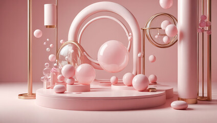Abstract pink background. Abstract minimal scene with geometrical forms. Cylinder podiums.