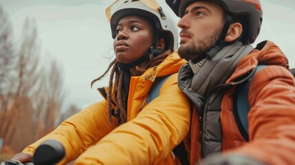 Obraz premium Diverse Couple in Helmets on Adventure Motorcycle Trip in Autumn. Generative ai