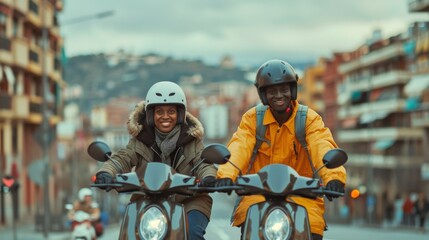 Joyful Multiracial Couple Riding Scooters in Urban Environment. Generative ai