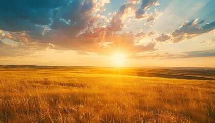 The image shows a beautiful sunset over a golden wheat field.