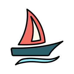 Sailboat set icon. Tan boat, red and green sails, blue waves, maritime, sailing, nautical, travel, adventure, recreation, water sport.