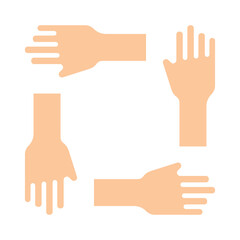 Teamwork icon. Four hands in a square, collaboration, unity, cooperation, support, teamwork, working together.