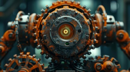 Close-up of an industrial machine with gears and rust, showcasing intricate mechanical design and engineering complexity.