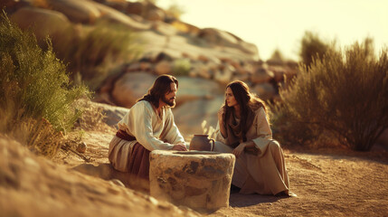 Conversation between Jesus Christ and the Samaritan woman at the well. Photo of the gospel event, biblical times. For Christian publications