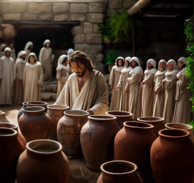 Jesus Christ at the wedding in Canna of Galilee. Bible times. Photos for Christian evangelical publications