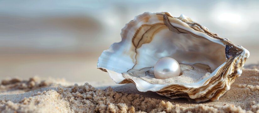 White pearl inside opened oyster shell on sandy beach with room for text
