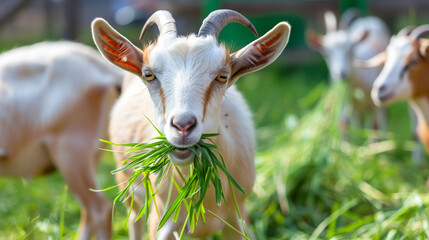 Obraz premium Goats chewing grass on a farm