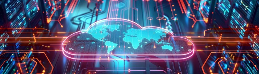 Cloud computing infrastructure supporting financial services, secure servers, glowing neon, hightech, digital art
