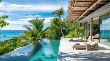 A luxurious tropical resort with an infinity pool overlooking the ocean. The scene features sun loungers, palm trees, and a modern villa with large glass windows, all under a clear blue sky.