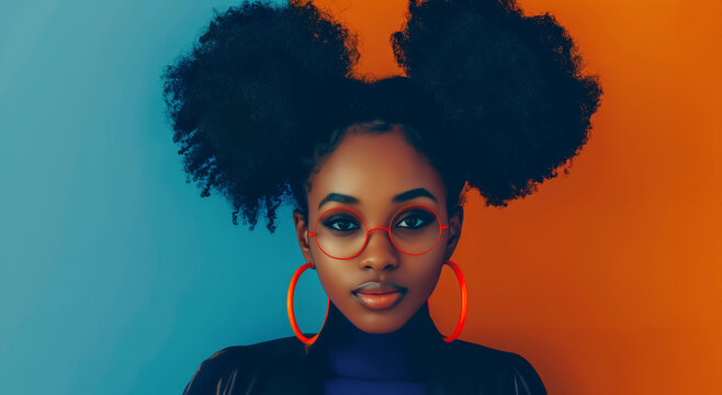 A woman with red lipstick and a pair of hoop earrings. She has a puffy hairstyle and is standing in front of a blue background. black woman with two afro puffs