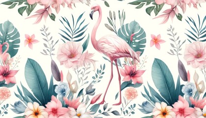 Flamingos surrounded by lush tropical flowers and foliage. Watercolor pattern Illustration background.