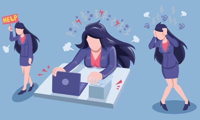 businesswoman walk sad, employee tired and stress, vector illustration