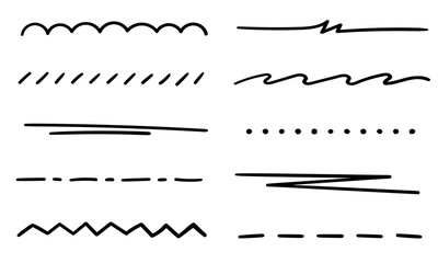 A set of underlines, strikethrough, dividers, partitions, borders drawn by hand with a marker. Straight, wavy, dotted free lines on a white background. Vector set of highlighters for text decoration