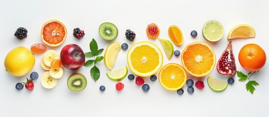 Creative flat lay composition featuring an assortment of fruits on a clean white backdrop for a banner design.