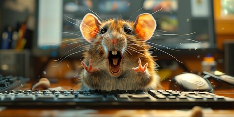 little mouse sits at the computer, types on the keyboard and screams in horror. rat controls computer, hacker