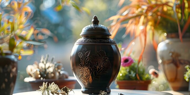 Memorial Urn as a Farewell Token at a Funeral. Concept Memorial Urn, Farewell Token, Funeral Remembrance, Cremation Ceremony