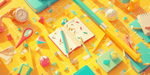 A vibrant geometric pattern with school-related icons like pencils, rulers, and books.