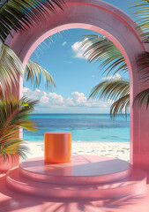 Obraz premium vibrant podium on a tropical beach backdrop