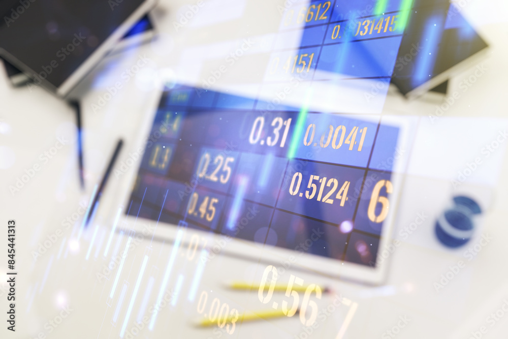 Aufkleber double exposure of abstract creative financial chart and digital tablet on background, top view, res