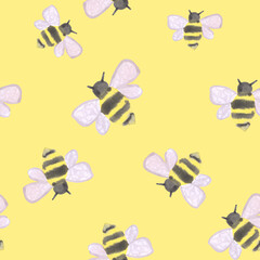 flying bees seamless pattern watercolor illustration isolated on yellow background base for printing on cards. fabrics and dishes
