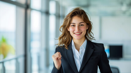 ガッツポーズする笑顔のビジネスウーマン