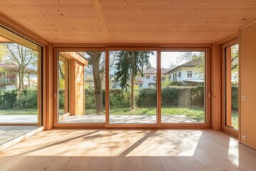 Interior of a Minimalist architecture design of a countryside cabin, contemporary family apartment with bright natural light.