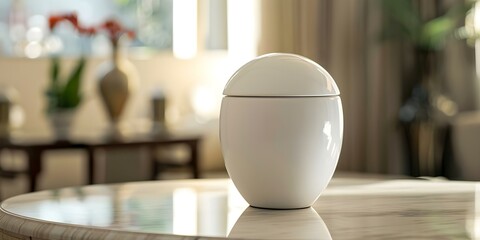 White urn on marble table at minimalist cemetery farewell ceremony. Concept Cemetery Farewell, Minimalist Decor, White Urn, Marble Table, Ceremony