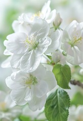 Blooming white cherry blossoms flowers, blurred background, macro photography, soft lighting, shallow depth of field, natural environment, spring season.