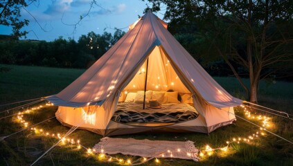 A glamping bell tent with fairy lights and a bed inside