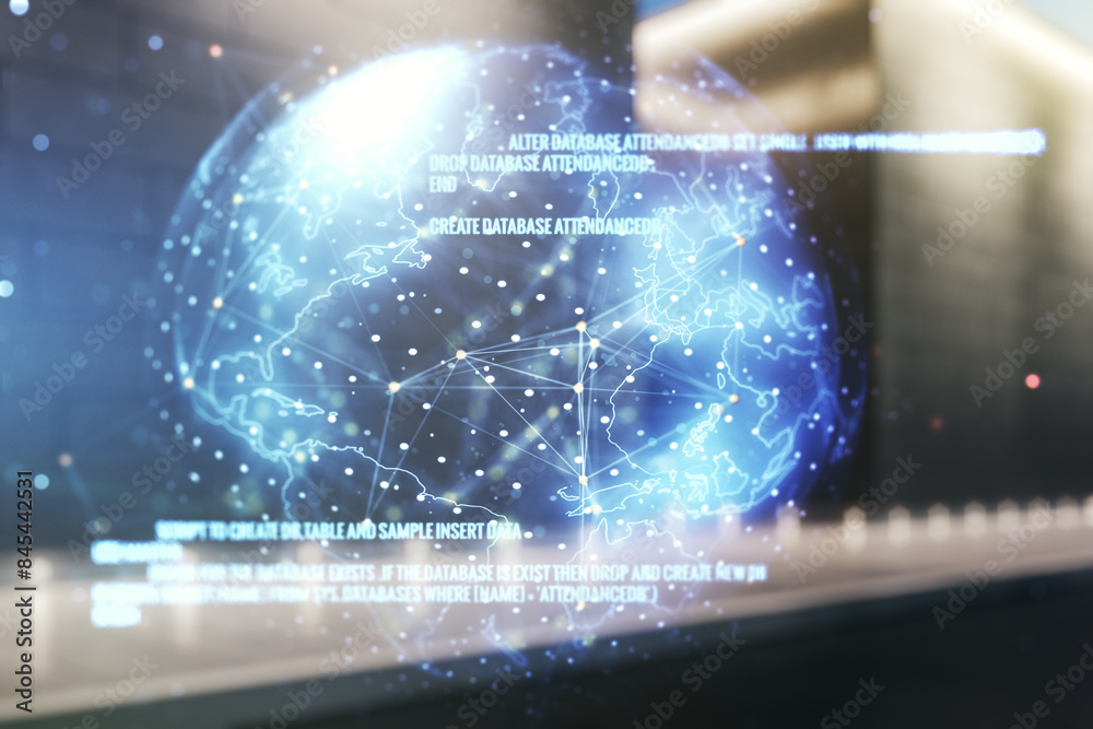 Aufkleber abstract virtual coding concept and world map hologram on blurry modern office building background. 