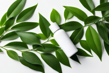 white unbranded cosmetic bottle with cream, lotion or other cosmetic product on white background with green leaves