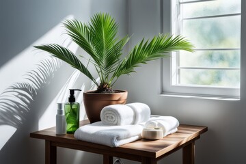Eco-friendly bathroom essentials on a wooden countertop whit white cotton towels. greenery in interior design scene. sustainable living home decor