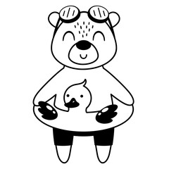 Black and white bear clipart. Summer animal clipart in cartoon flat style. doodle. Hand drawn vector illustration