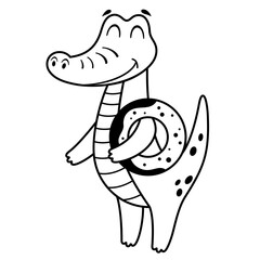 Black and white crocodile clipart. Summer animal clipart in cartoon flat style. doodle. Hand drawn vector illustration